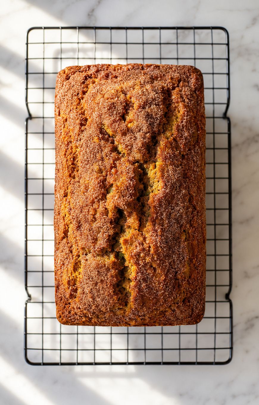 A golden-brown loaf of bread with a crackled top sits on a black wire cooling rack over a white marble surface. Sunlight casts shadows across the scene.