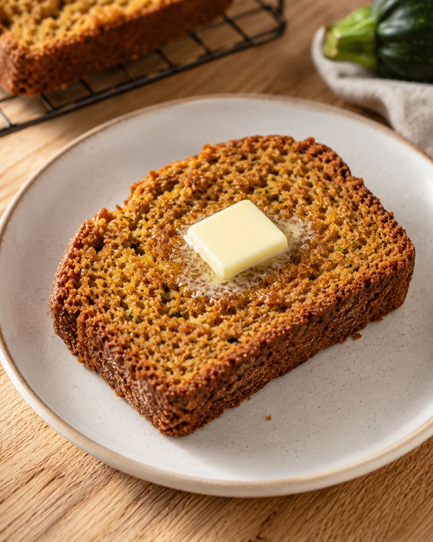 A slice of zucchini bread with a pat of melting butter on top sits on a white plate. The bread has a moist texture and a golden-brown crust. A cooling rack and a zucchini are visible in the background.