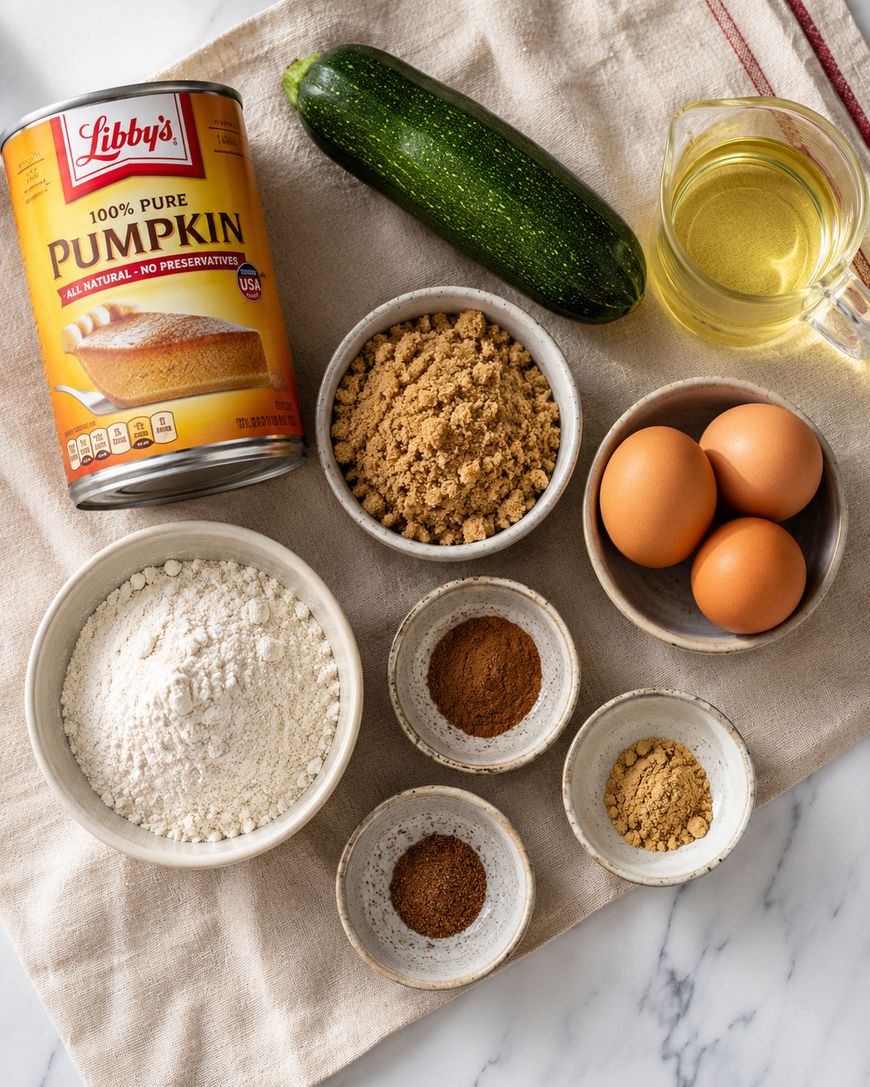 Top-down view of pumpkin puree, a zucchini, brown sugar, eggs, oil, flour, and small bowls of cinnamon, nutmeg, and ginger arranged on a beige cloth.