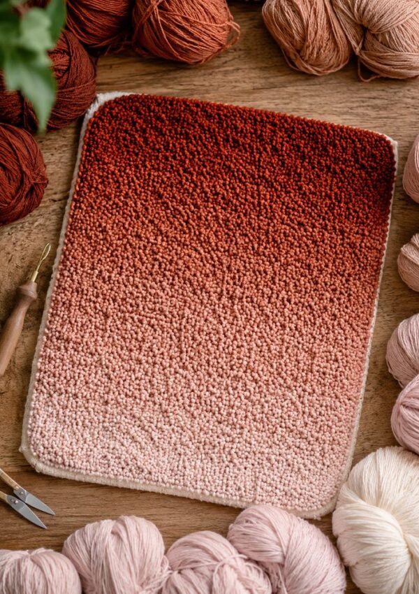 A rectangular crocheted piece with a gradient from dark red to light pink, surrounded by balls of yarn in similar colors, a crochet hook, and scissors on a wooden surface.