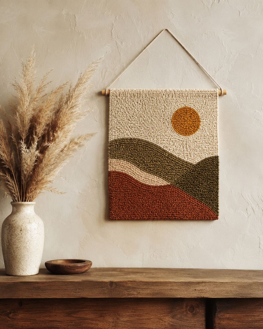 A textured wall hanging depicting a sun over abstract hills in earthy tones, displayed on a beige wall above a wooden surface with a ceramic vase of dried grasses and a small wooden bowl.