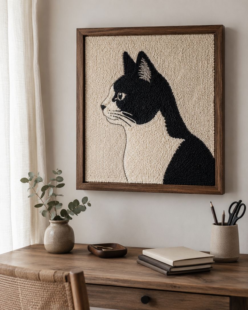 A framed textile artwork of a black and white cat hangs above a wooden desk with a notebook, pen holder, small vase, and dish, next to a window with light curtains.