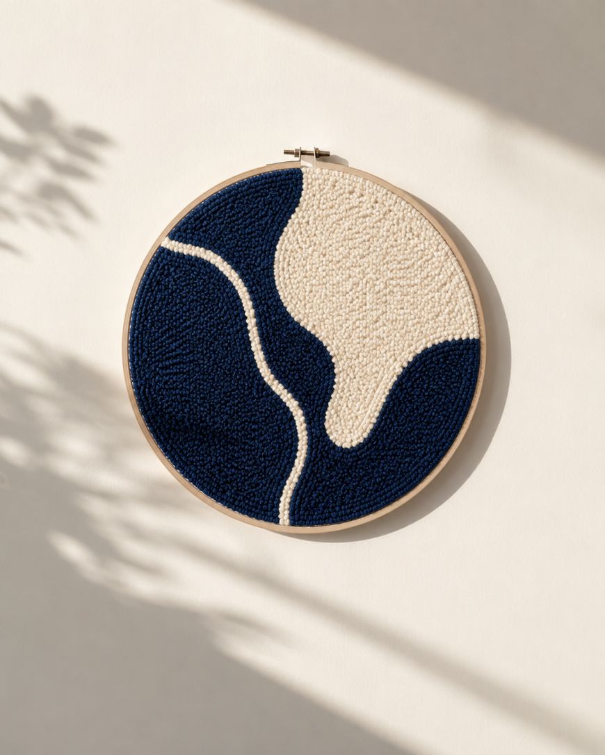 A round embroidery hoop with abstract navy blue and cream punch needle art, featuring flowing, organic shapes. Soft shadows of leaves are cast on the white background.