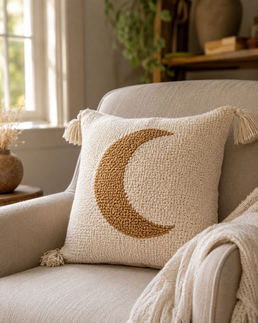 A cream-colored armchair with a textured pillow featuring a golden crescent moon design and tassels on the corners; soft natural light filters through a nearby window.