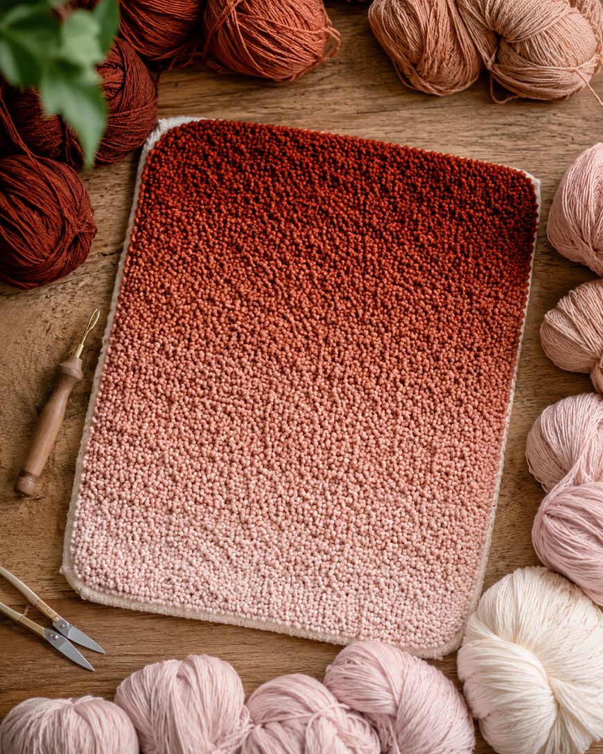 A rectangular crochet piece with a gradient from light pink to deep red, surrounded by yarn balls, scissors, and a crochet hook on a wooden surface.