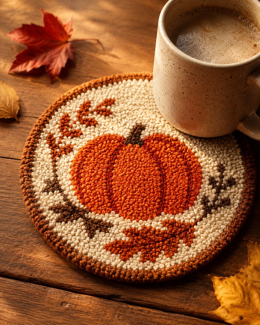 A mug of coffee sits on a round coaster with a stitched orange pumpkin and fall leaves, on a wooden table with scattered autumn leaves.