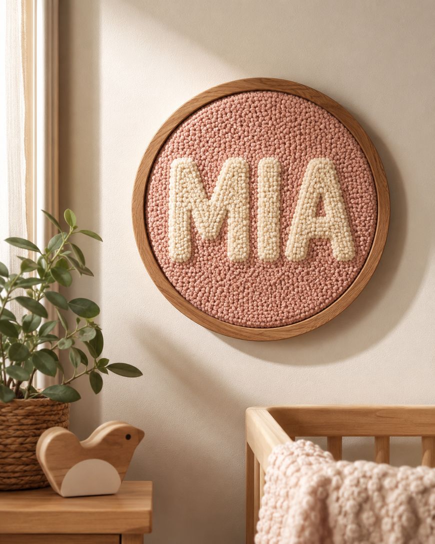 Round wall art with the name MIA in cream letters on a pink textured background. Wooden frame, nursery decor, with a crib, blanket, plant, and wooden bird toy nearby. Soft, warm lighting.