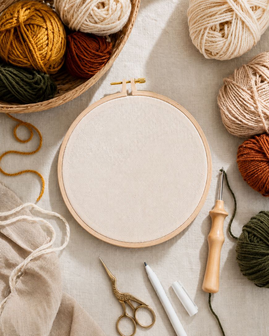 Round embroidery hoop with blank fabric in center, surrounded by various colored yarn balls, a crochet hook, scissors, pen, and woven basket, all arranged on a beige fabric background.