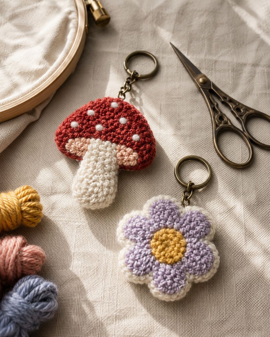 Two crocheted keychains, one shaped like a red mushroom with white spots and the other like a purple flower with a yellow center, lying on fabric near scissors, embroidery floss, and an embroidery hoop.