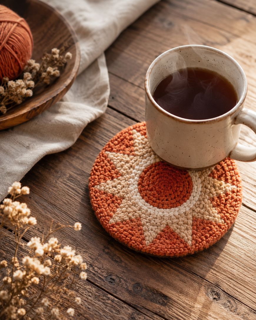 A steaming cup of tea sits on a sun-patterned, crocheted coaster on a wooden table, with dried flowers and a bowl of yarn nearby. Warm, natural light highlights the cozy scene.