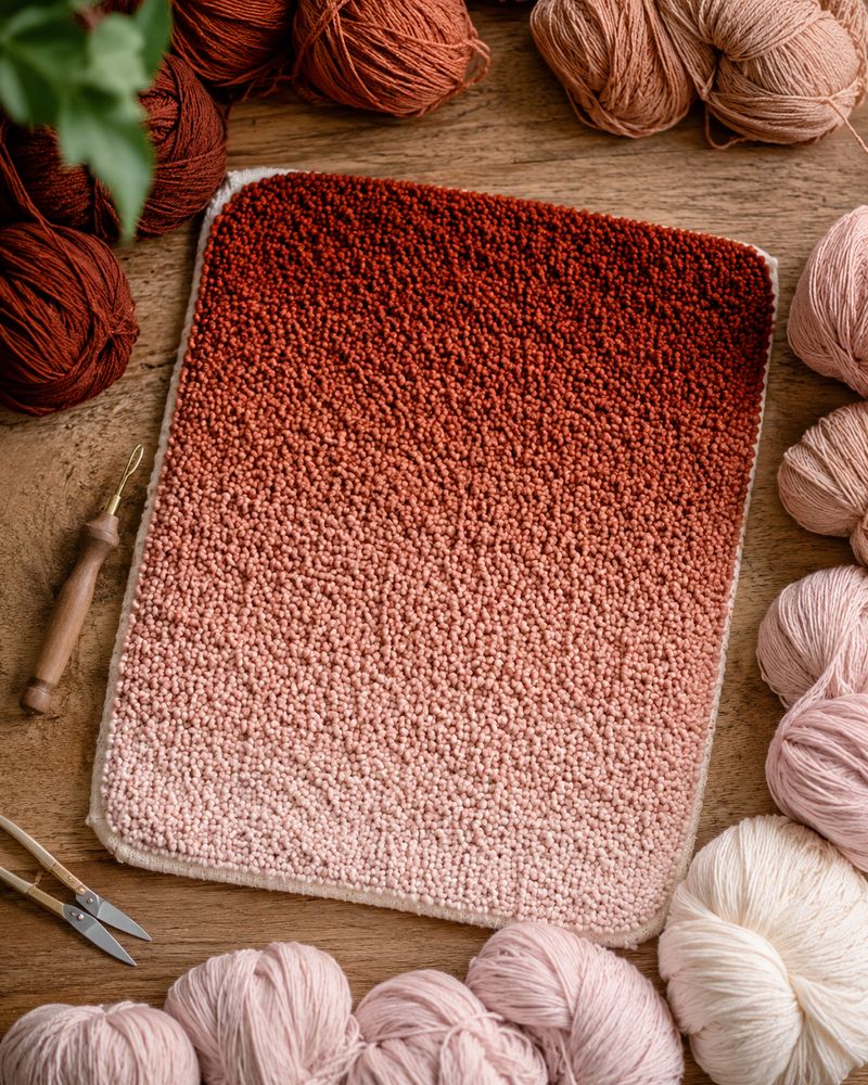 A rectangular crocheted piece with a gradient from dark red to light pink, surrounded by balls of yarn in similar colors, a crochet hook, and scissors on a wooden surface.