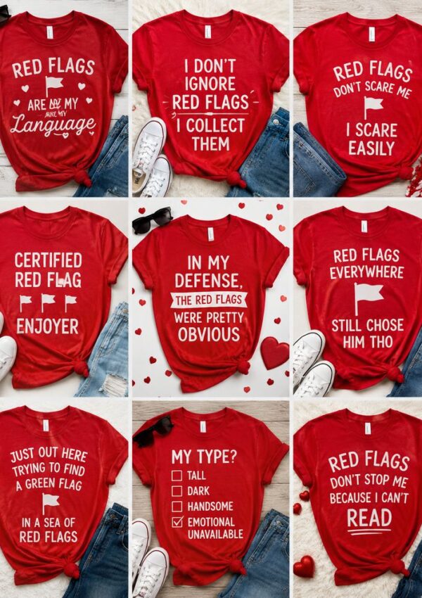 Nine red t-shirts with humorous white text about red flags—perfect for Red Flag Party ideas—each paired with jeans and white shoes, arranged in a 3x3 grid on a red background with heart decorations.
