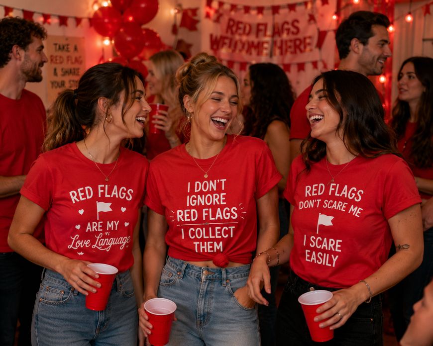 Three women at a party laugh together, each wearing a red T-shirt with funny red flag sayings. They hold red cups, and the background is decorated with red balloons and banners.
