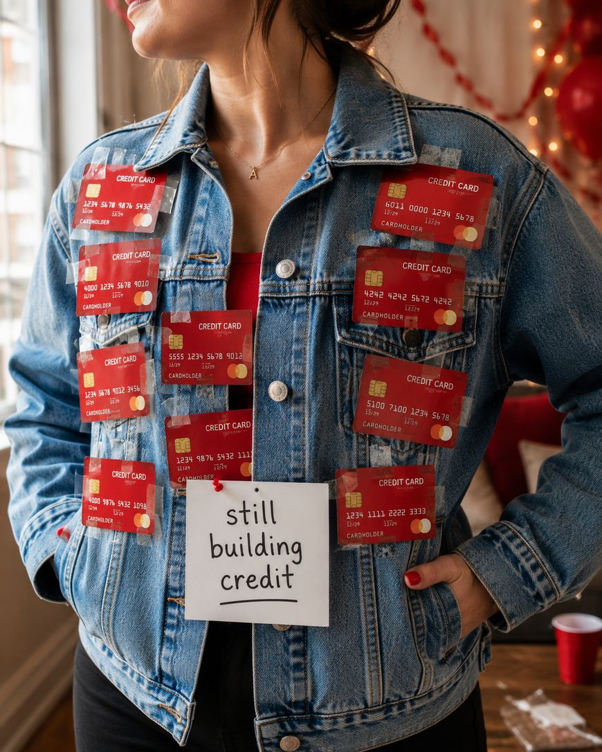 A person wearing a denim jacket covered with fake credit cards and a sign reading still building credit, standing indoors with red balloons and decorations in the background.