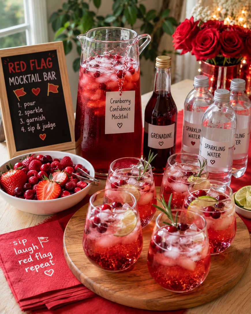 A festive mocktail bar setup with a pitcher and glasses of red drink garnished with cranberries and rosemary, bottles of grenadine and sparkling water, a bowl of berries, and red napkins reading “sip laugh red flag repeat.”.