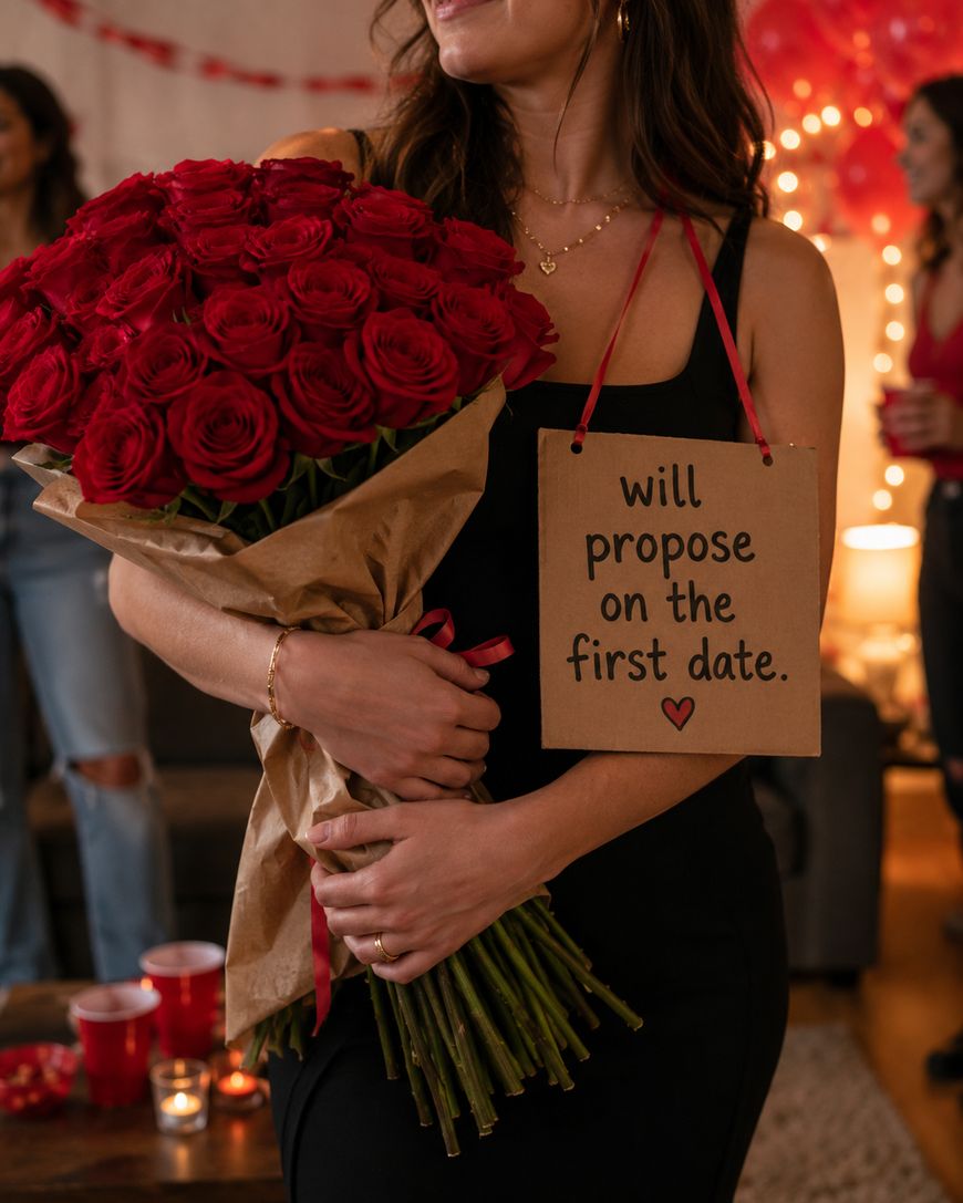 Woman in a black dress holds a large bouquet of red roses and wears a sign reading will propose on the first date at a festive indoor gathering with people and string lights in the background.