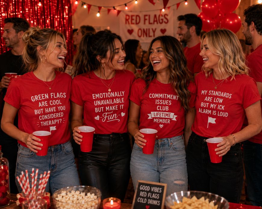 Four women at a party wear humorous red shirts with dating sayings, smiling and holding red cups. The festive room is decorated with red balloons, streamers, and a Red Flags Only sign.