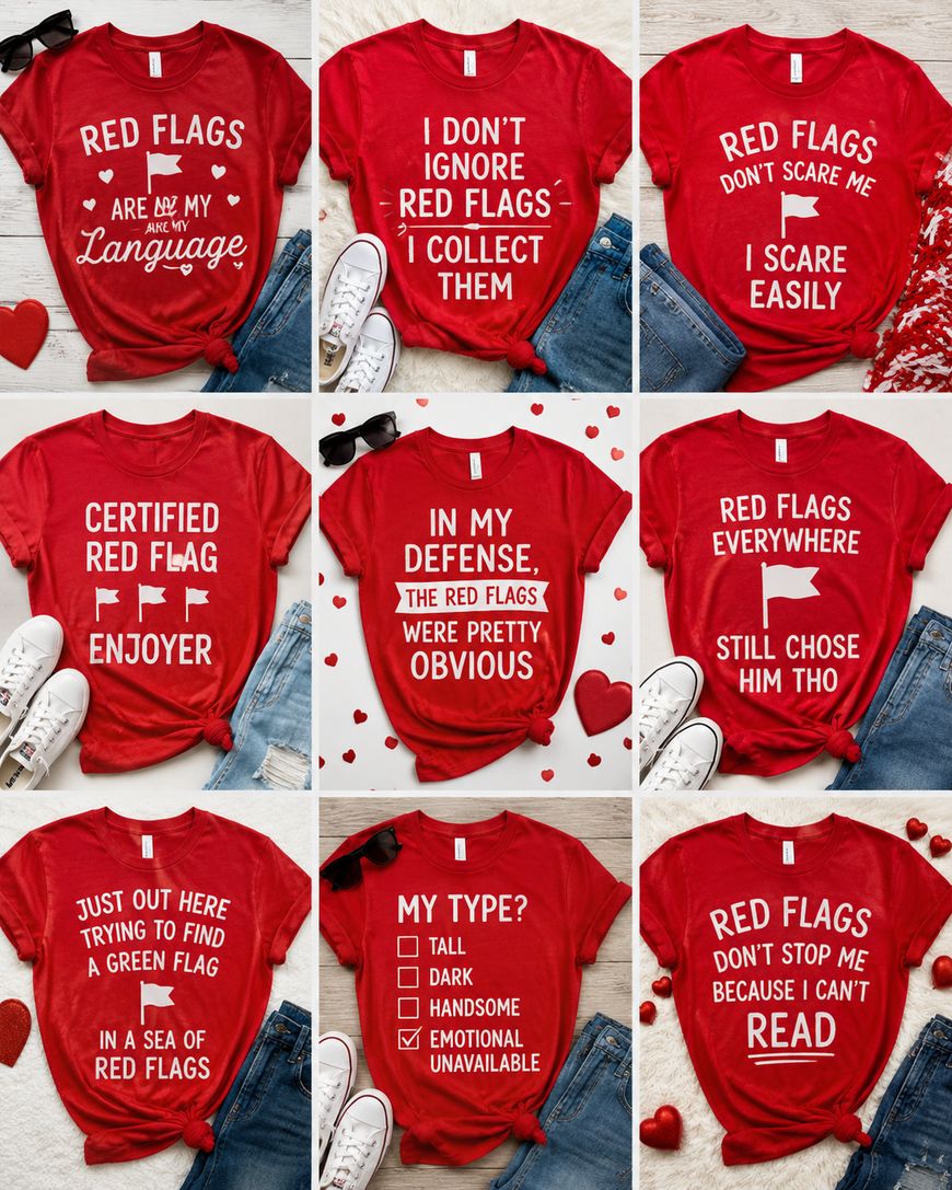 Nine red T-shirts with white text and fun red flag sayings are laid out flat, each paired with blue jeans and white shoes, surrounded by small red and white heart decorations on a white wooden surface.