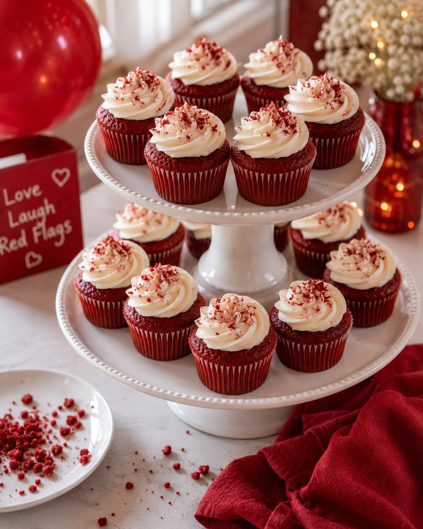 Two-tiered white stand with red velvet cupcakes topped with cream cheese frosting and red sprinkles. Red decorations and a plate with crumbs are nearby, creating a festive atmosphere.