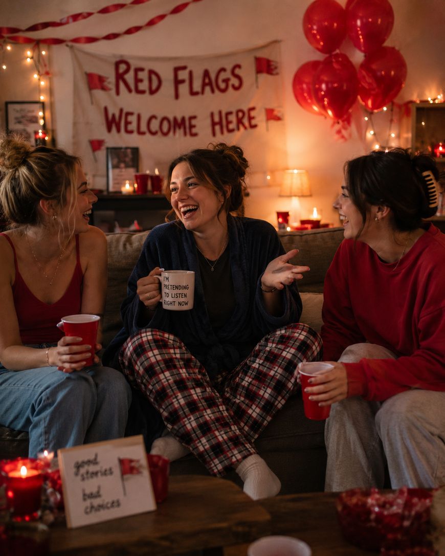 Three women laugh together at a cozy indoor party decorated with red balloons and string lights. A banner reads “Red Flags Welcome Here.” One woman holds a mug saying, “I’m pretending to listen but now.”.