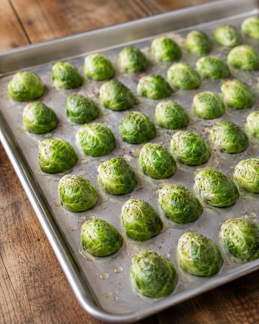 Brussels sprouts, halved and seasoned with oil and pepper, are arranged cut side down on a baking sheet, ready for roasting.