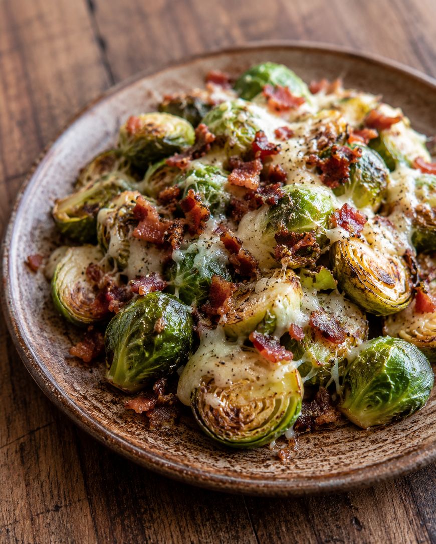A brown ceramic plate with roasted Brussels sprouts, melted cheese, and crispy bacon bits, set on a wooden table.
