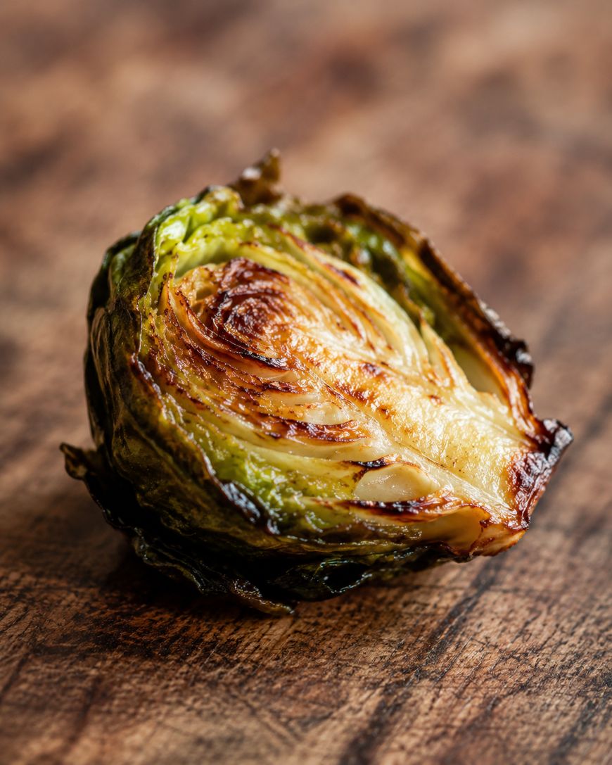 A close-up of a roasted Brussels sprout half sits on a rustic wooden surface, showing crispy, caramelized edges and tender, golden layers.