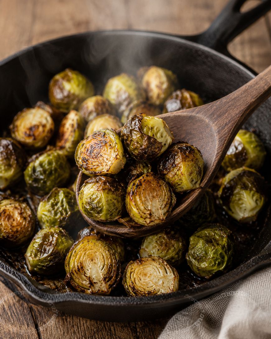 Roasted Brussels sprouts in a black cast iron skillet, with a wooden spoon lifting some sprouts. The vegetables appear crispy and browned, with visible steam rising. The background is a rustic wooden table.