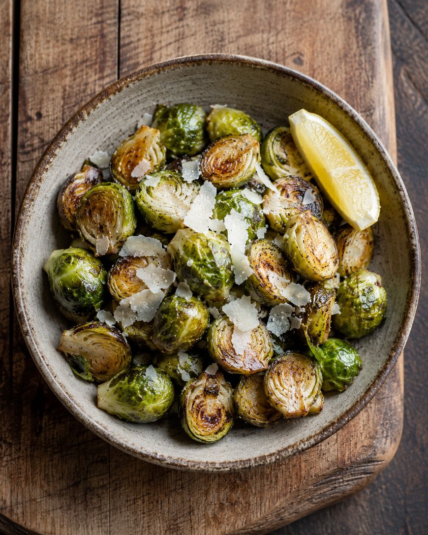 A bowl of roasted Brussels sprouts topped with shaved parmesan cheese and a lemon wedge, placed on a wooden surface.