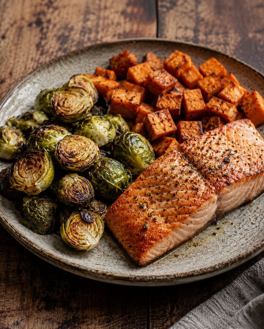 A plate with roasted brussels sprouts, cubed sweet potatoes, and a seasoned, cooked salmon fillet on a rustic wooden table.