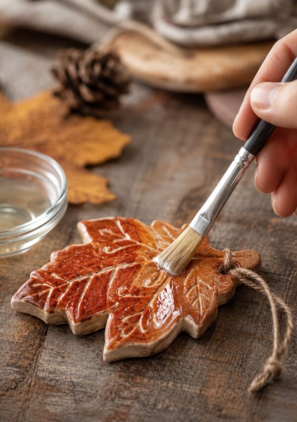 A hand uses a paintbrush to apply glaze to a ceramic leaf ornament. A small bowl of liquid, a pine cone, and autumn leaves sit on a rustic wooden table in the background.