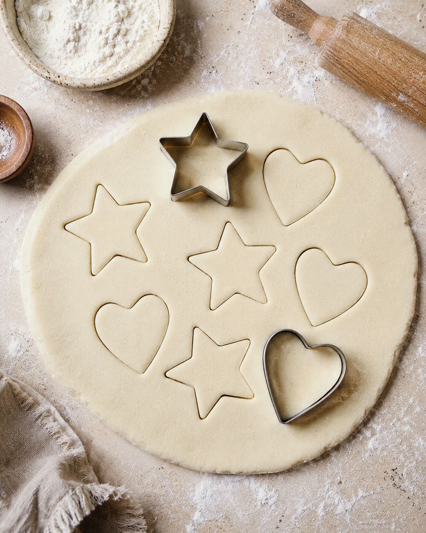 Rolled out dough with star and heart cookie cutters making shapes. Flour, a rolling pin, and a napkin are nearby on a light kitchen surface.