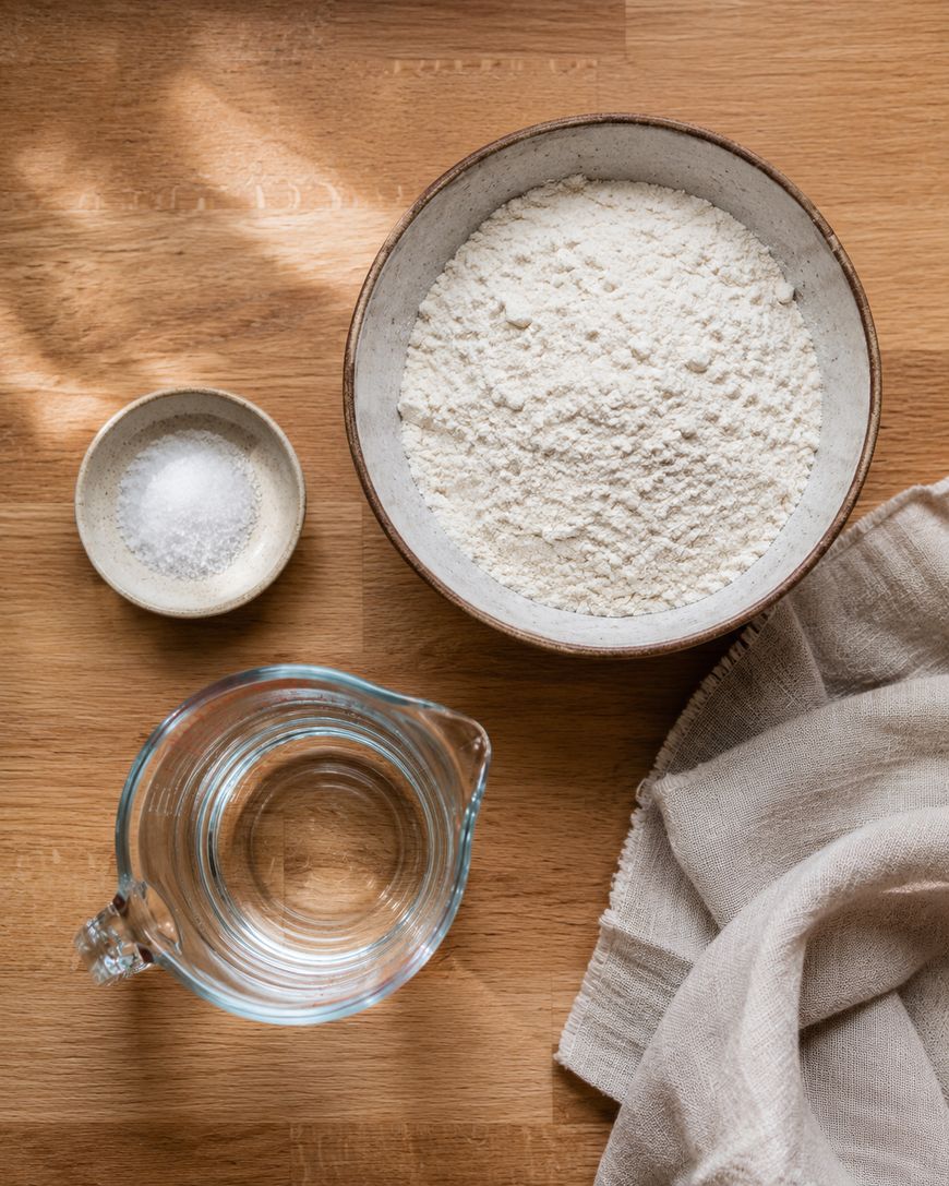 A bowl of flour, a small dish of salt, and a glass measuring cup of water are arranged on a wooden surface next to a beige cloth.