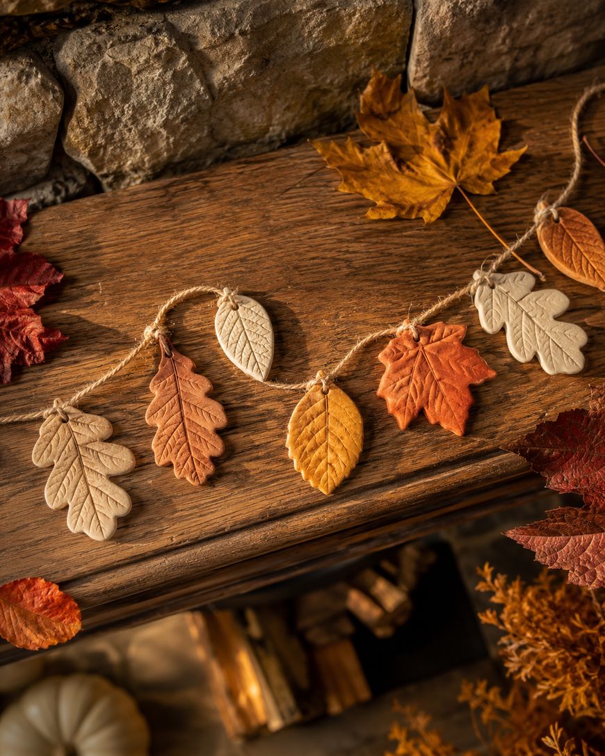 A garland of clay leaves in autumn colors hangs on a wooden mantle, with real fall leaves and autumn decorations nearby.