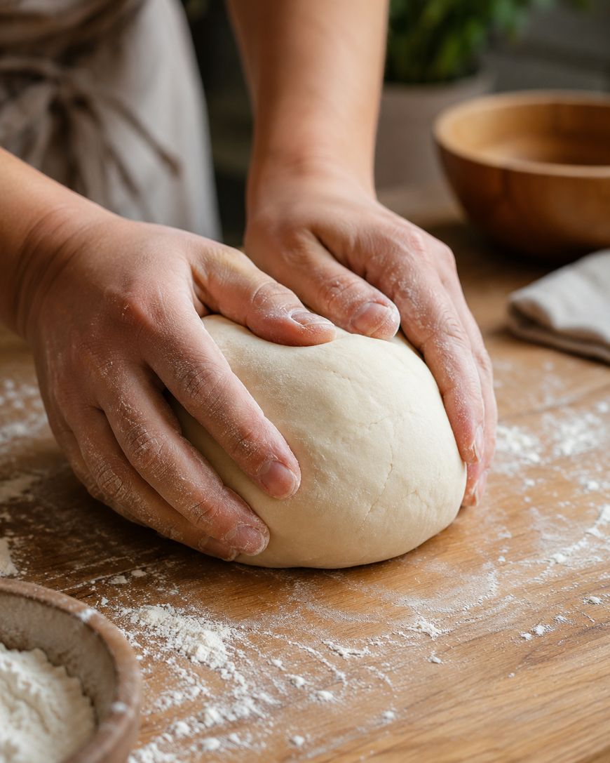 Hands kneading a round ball of dough on a floured wooden surface, with a bowl and a cloth in the background.