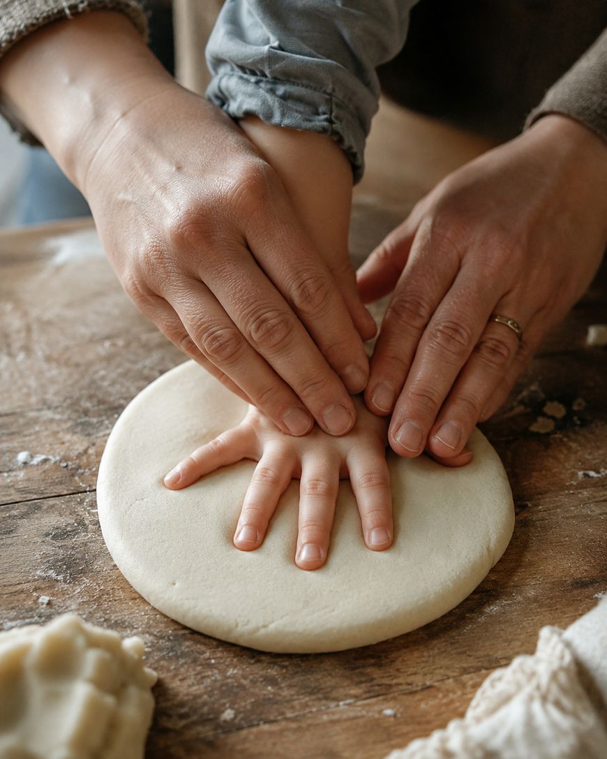 An adult gently presses a childs hand into soft dough on a wooden surface, creating a handprint together.