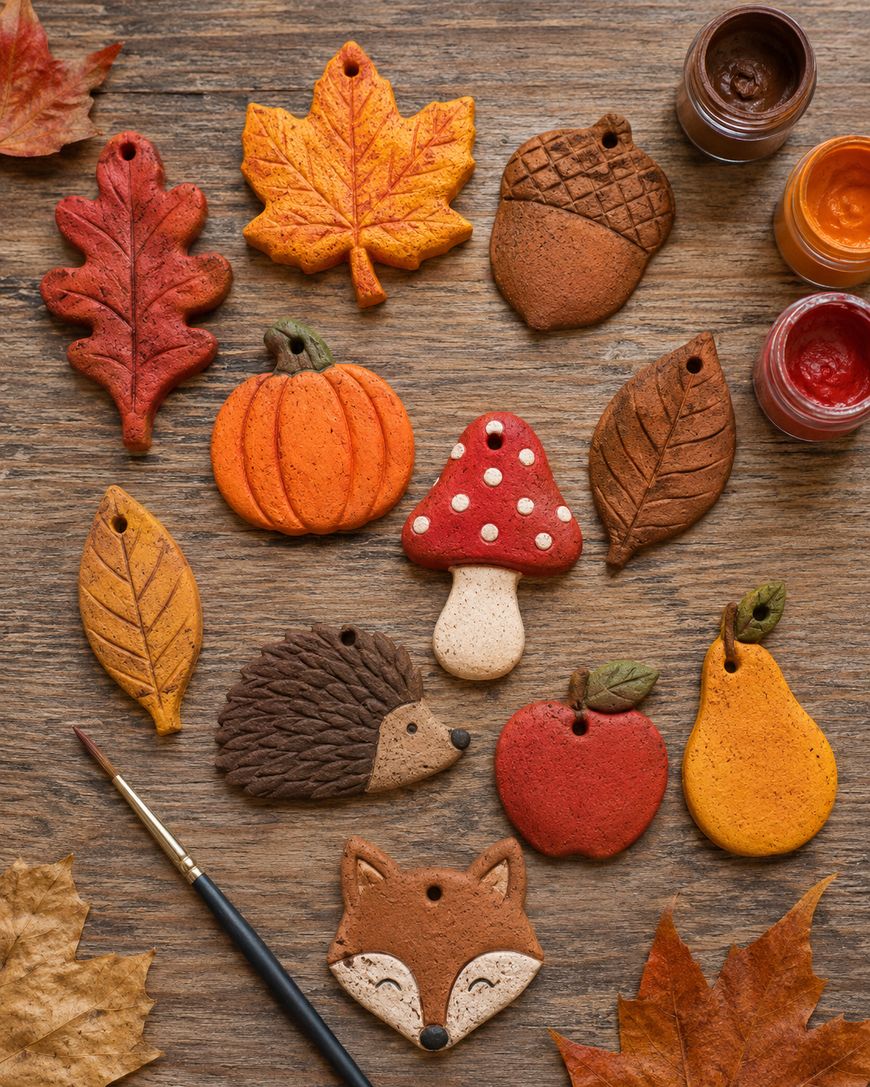 Handmade autumn-themed ornaments shaped like leaves, pumpkin, mushroom, acorn, hedgehog, fox, apple, and pear are arranged on a wooden table with paint, a brush, and autumn leaves.