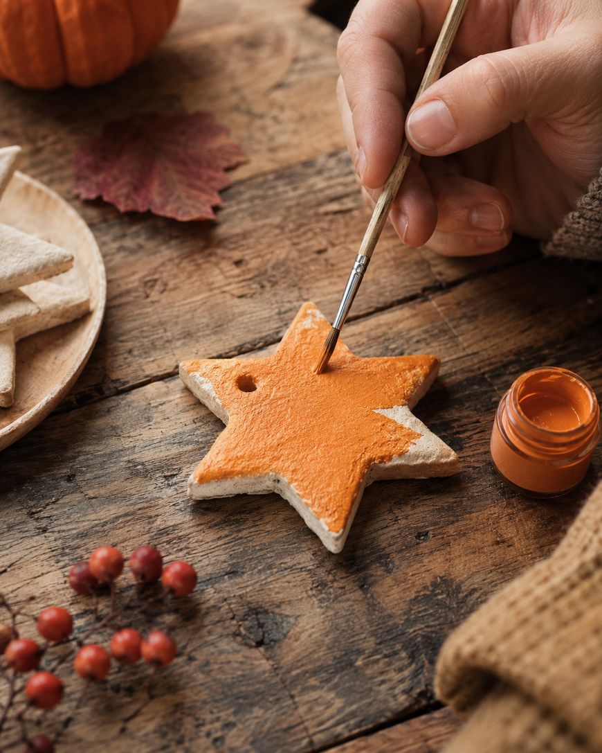 A hand paints an orange star-shaped cookie on a rustic wooden table, with paint, brush, and autumn decorations nearby.