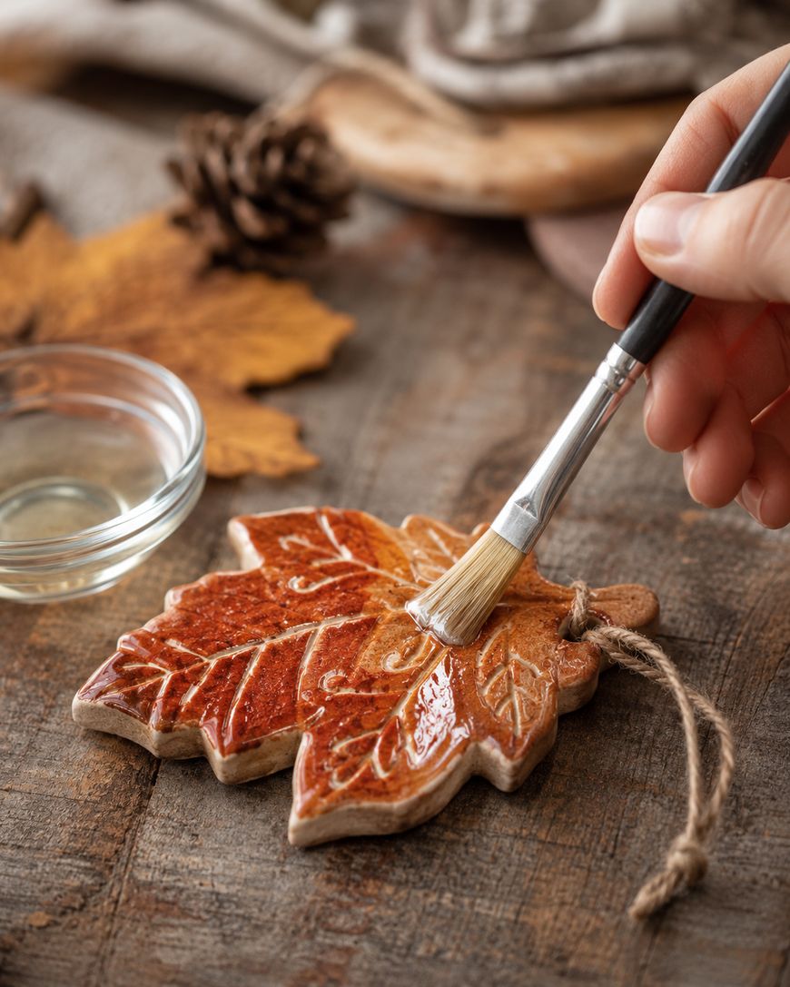 A hand brushes glaze onto a ceramic leaf ornament on a wooden table, with a bowl of liquid, a pinecone, and an autumn leaf in the background.