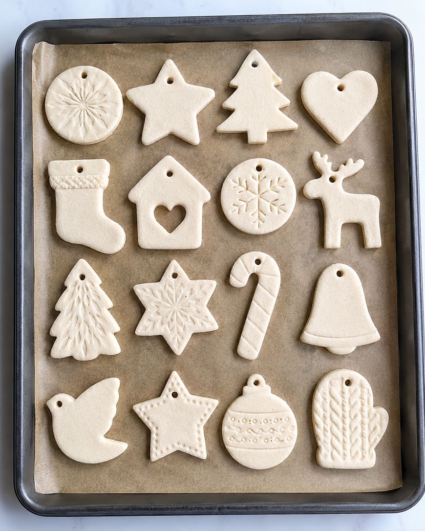 A baking tray with fifteen unbaked dough ornaments in festive shapes: stars, trees, a heart, stocking, house, snowflake, reindeer, candy cane, bell, bird, mitten, and ornament, all on parchment paper.