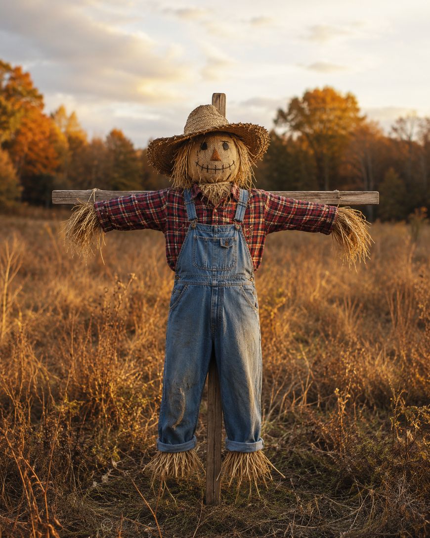 A scarecrow wearing a straw hat, plaid shirt, and denim overalls stands in a field of tall grass with autumn trees in the background under a partly cloudy sky.