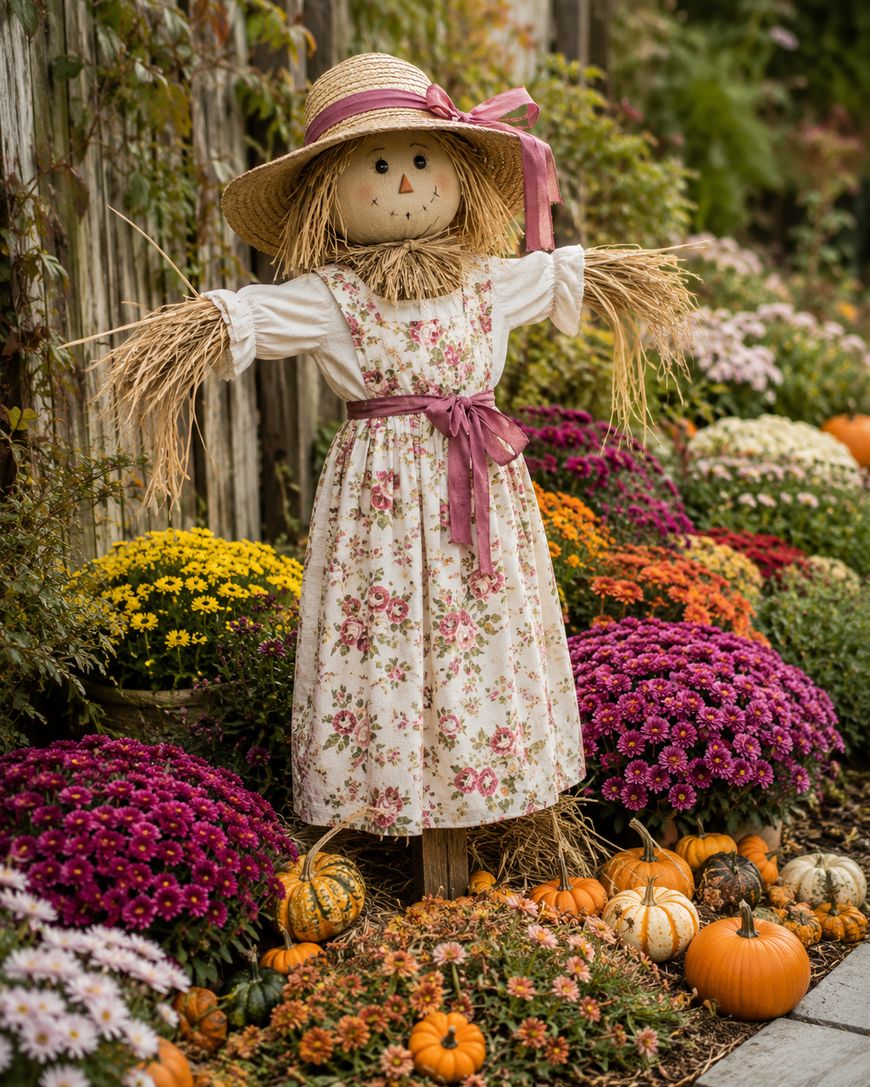 A scarecrow in a floral dress and straw hat stands among colorful chrysanthemums and pumpkins in a garden.
