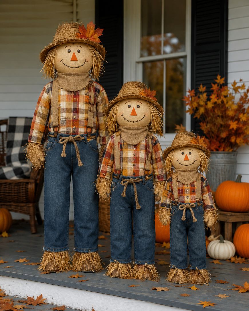Three smiling scarecrows in plaid shirts, jeans, and straw hats stand on a porch decorated with pumpkins and autumn leaves. A wicker chair and fall foliage are visible in the background.