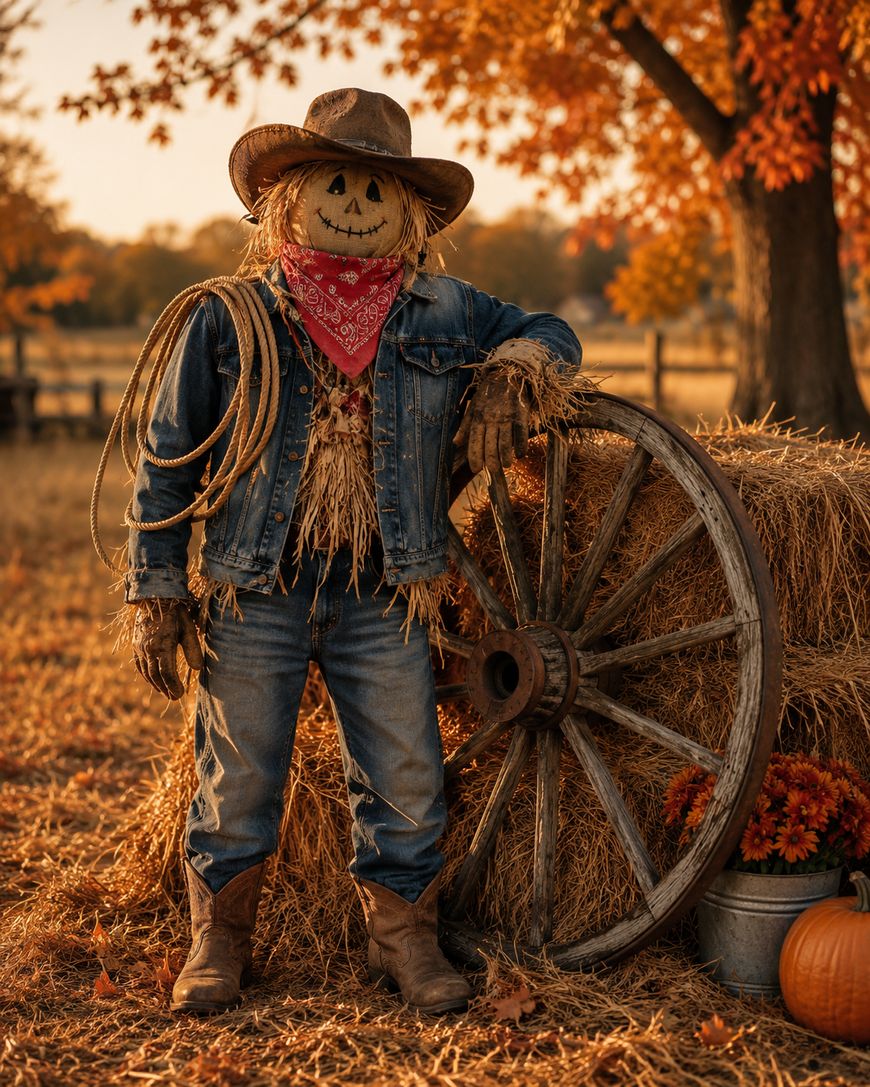 A scarecrow dressed in denim clothes, cowboy boots, and a hat leans on a wooden wagon wheel next to hay bales and pumpkins in an autumn field with orange leaves on the trees.