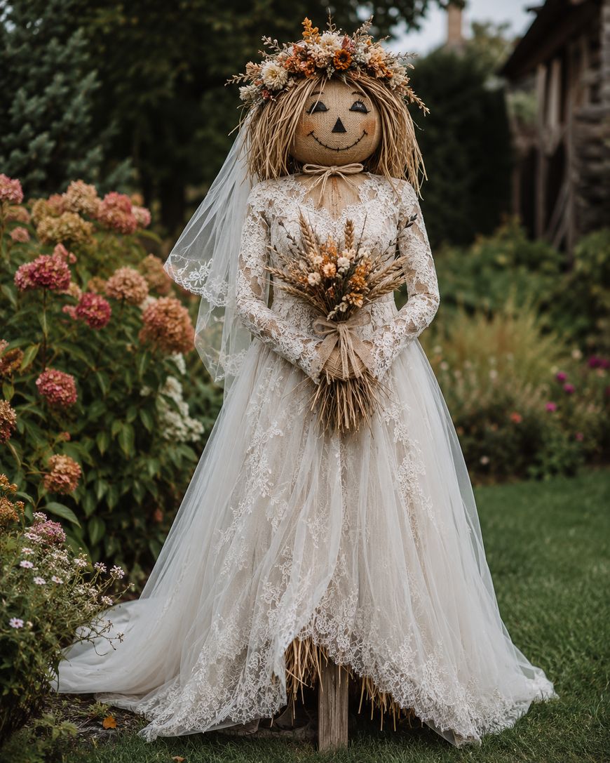 A scarecrow dressed as a bride with a white lace gown, veil, and flower crown, holding a dried flower bouquet, stands in a garden surrounded by greenery and blooming flowers.