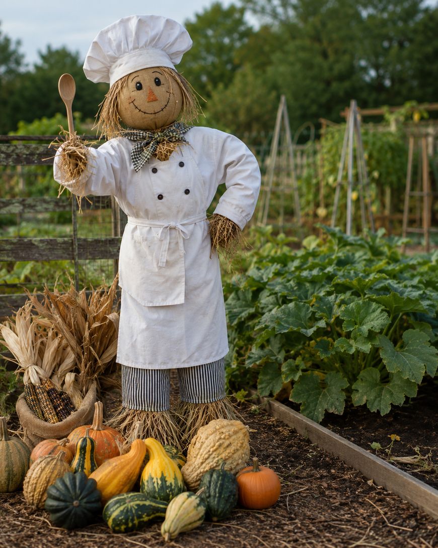 A cheerful scarecrow dressed as a chef holds a wooden spoon amid a garden, surrounded by various gourds and corn, with green plants and wooden trellises in the background.