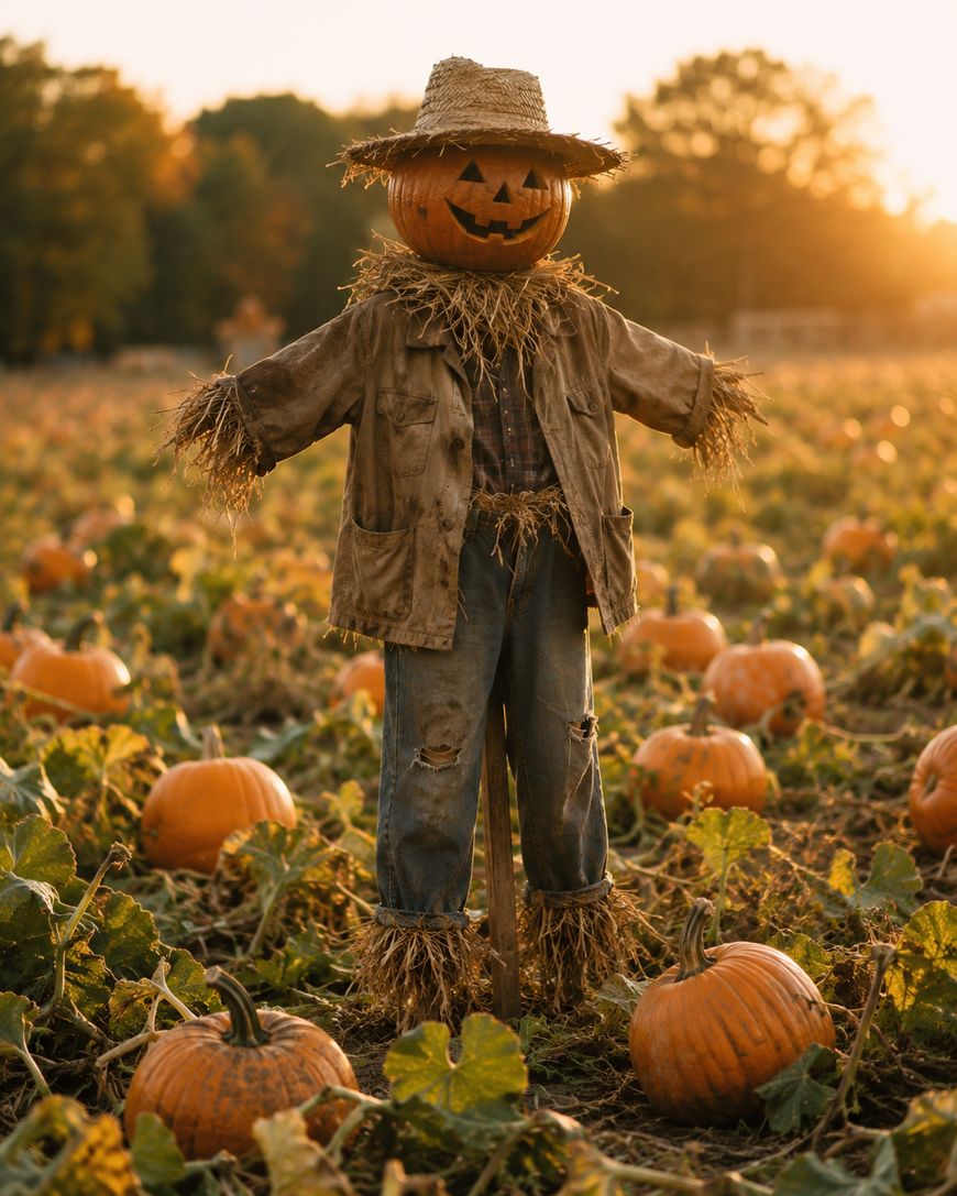 A pumpkin-headed scarecrow with a smiling face stands in a pumpkin patch at sunset, surrounded by pumpkins and green vines.
