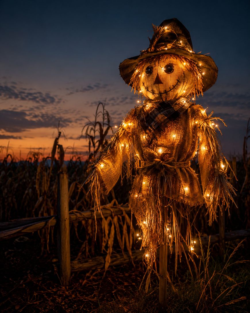 A smiling scarecrow decorated with glowing string lights stands in a cornfield at sunset, with a dramatic orange and blue sky in the background.