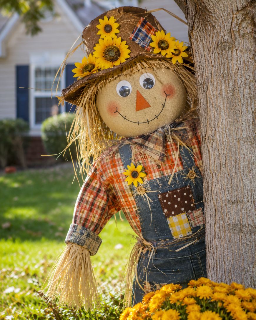 A cheerful scarecrow with a plaid shirt, overalls, and a sunflower hat leans playfully against a tree in a sunny yard, surrounded by yellow flowers.