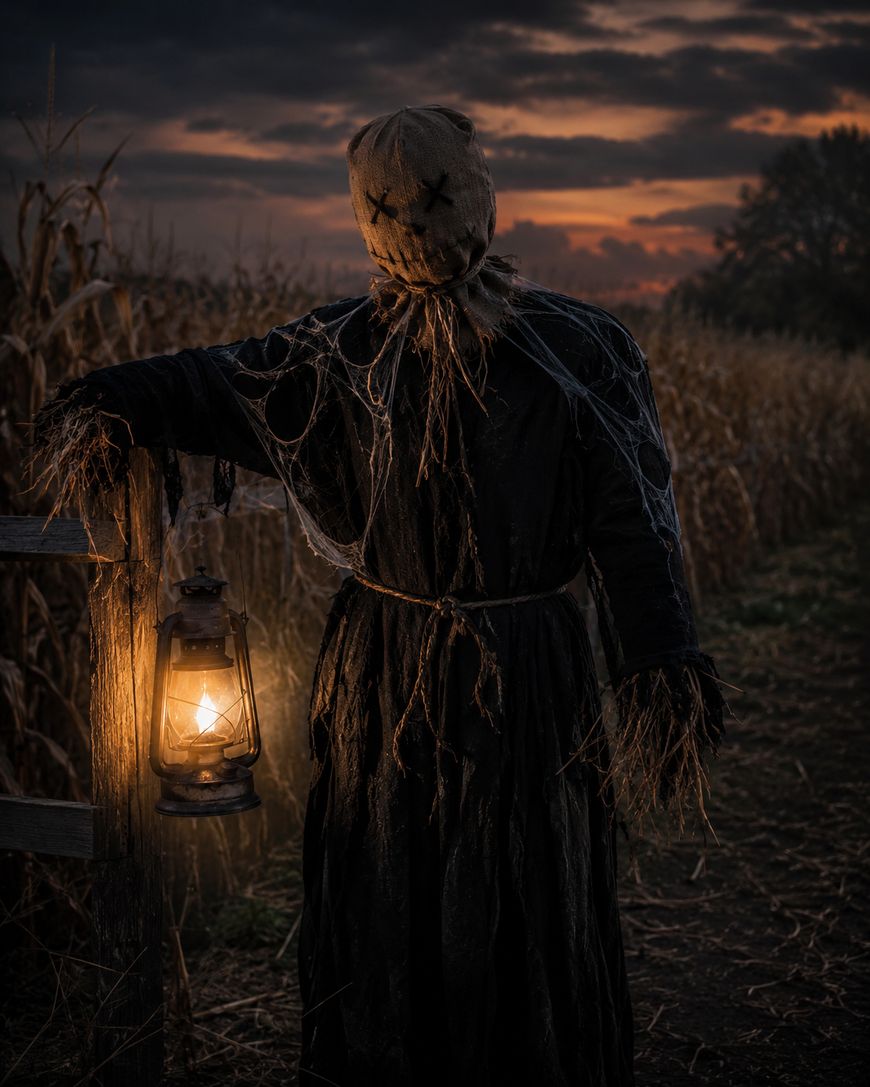 A scarecrow-like figure in a tattered black robe and burlap sack mask stands by a fence holding a lit lantern, with a dark cornfield and dramatic sunset sky in the background.